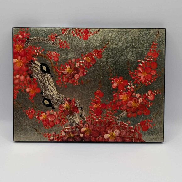 Georgeous Japanese Gold Leaf Painting with Red Flowers on Wood - 8" x 6" - Picture 1 of 5